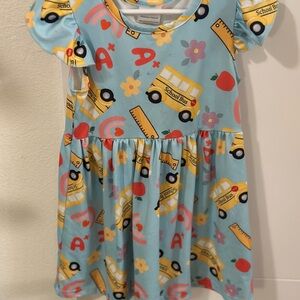 Kids Casual Dress with School Bus Print